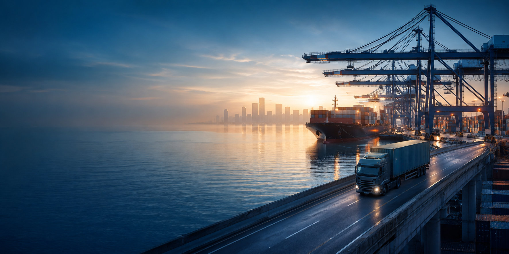 Container shipping and inland transport at a port — illustrative image.